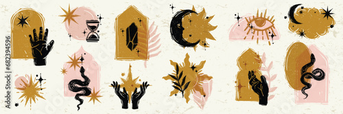 Celestial linocut print set, vector boho esoteric sign kit, magic vintage texture tarot illustration. Grunge astrology spiritual lino effect silhouette, engraving mystic stamp, arch. Celestial linocut