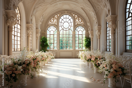 Generative AI - The hall decorated with flowers ready for the wedding ceremony