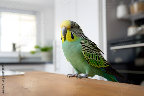 Uncaged green pet budgerigar on kitchen table