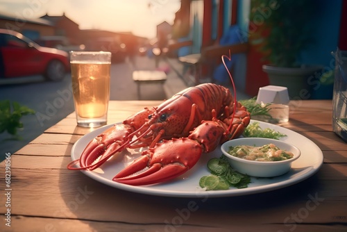 Lobster food dish with savory sauce in outdoor restaurant