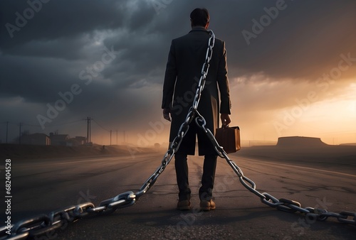 A business man trapped in chains looking out towards the city, job entrapment concept, 9-5 rat race