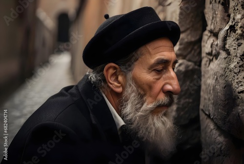 Jewish orthodox man in prayer, old jew in black praying near stone wall, spiritual reflection and tradition