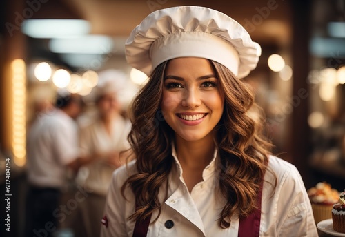 Chef white women wearing apron and hat, cake and bread on the background