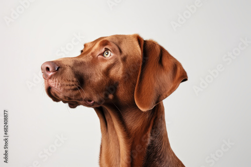 A curious liver-colored vizsla gazes up with hopeful snout, embodying the pure bond between human and animal as a loyal pet and beloved mammal