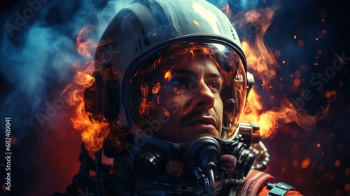 Portrait of a male astronaut in space suit and helmet against fire background