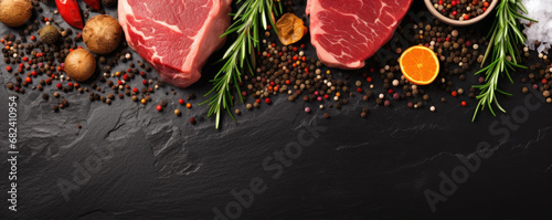Raw fresh beef steak with seasonings ready to prepare. Black stone background. Free space for text. Banner photography. Top view.