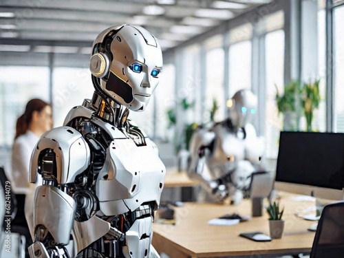A modern robot works in a bright office with other employees, the usefulness of automation when performing repetitive and tedious tasks.