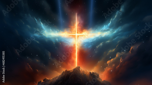 Christian cross appears bright in the sky background