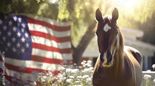 Equine with American Flag, Stars and Stripes displayed in the garden.