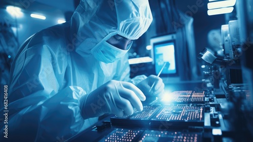 Scientist in coveralls conducting a Research working on a processor chip and development of microelectronics and processors in a laboratory.