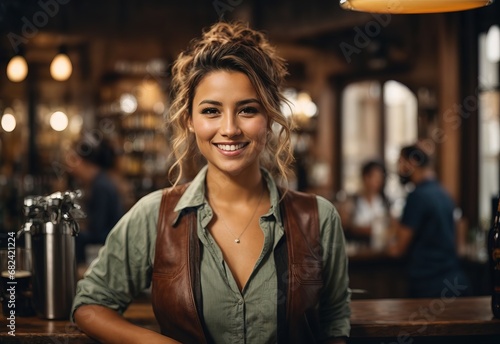 beautiful women bartender, bar and beer on the background