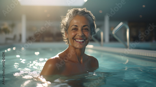 Senior Woman at an Aquatic Wellness Center Swimming in Pool 