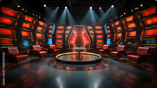 Empty Game Show Talk Show Set With Stage Lights, Chairs, and a Table. Concept of Television Production, Studio Ambiance, Entertainment Setup, Stage Lighting, Talk Show Atmosphere, Showbiz Setting.