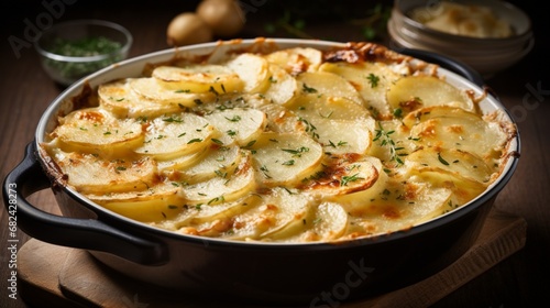 an image of a creamy potato gratin with layers of thinly sliced potatoes and cheese