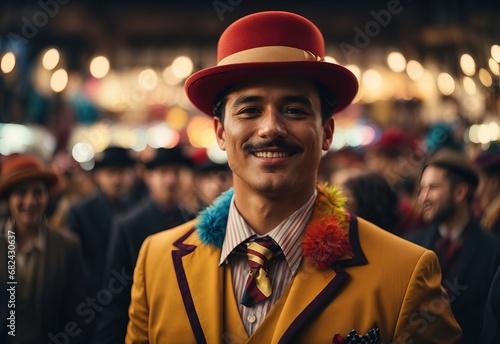 Handsome men suit and bowler hat, surrounded by crowd people on the background