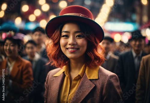 Beautiful asian women suit and bowler hat, surrounded by crowd people on the background
