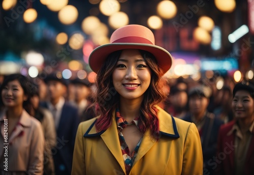 Beautiful asian women suit and bowler hat, surrounded by crowd people on the background