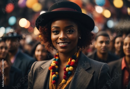 Beautiful black women suit and bowler hat, surrounded by crowd people on the background