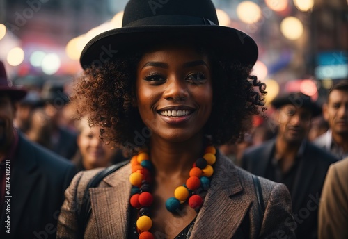 Beautiful black women suit and bowler hat, surrounded by crowd people on the background