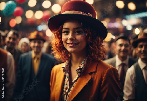 Beautiful women suit and bowler hat, surrounded by crowd people on the background