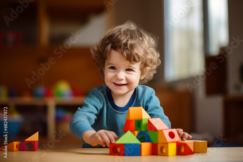 Cute toddler playing with colorful wooden blocks. Small child having fun with toys. Kid spending time in a cozy living room at home.