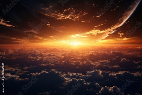 A beautiful sunset over a cloudy sky. This image can be used to depict the beauty of nature and the changing colors of the sky during sunset