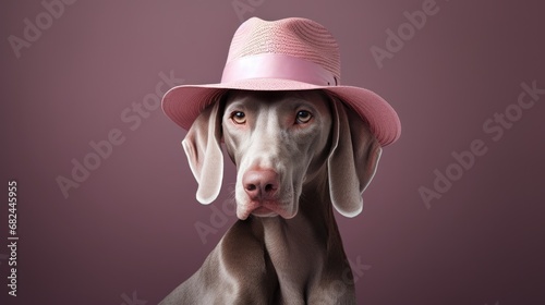 portrait of weimaraner dog in stylish hat, isolated on clean background