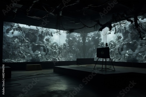 Interior color photograph of installation art exhibition in a darkened room with wall-size tv screens showing close-up jungle foliage, motion blur. From the series “Imaginary Museums."