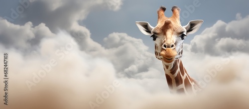 Animal photography, portrait funny giraffe over blue sky with white clouds. AI generated image