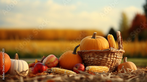 Pumpkins and corn in a basket on the field