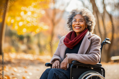 Portrait of a smiling elderly African American female lady sitting in a wheelchair in a urban park