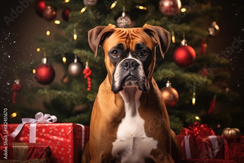 close up portrait of a boxer dog with solemn expression amid festive Christmas decorations