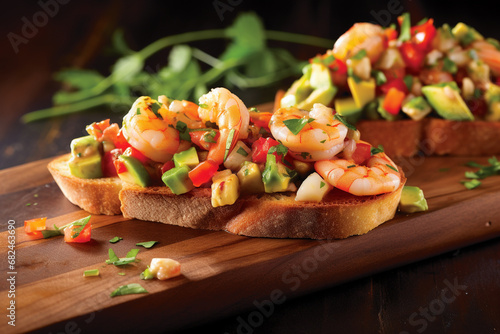 Bruschetta with shrimp and avocado.