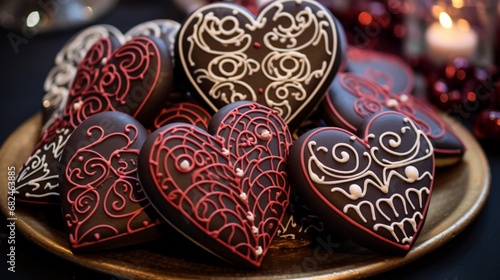 A close-up of heart-shaped cookies arranged in an artistic pattern on a festive Valentine's Day dessert table.