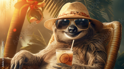 Sloth in a hat lounging with a drink, tropical background.