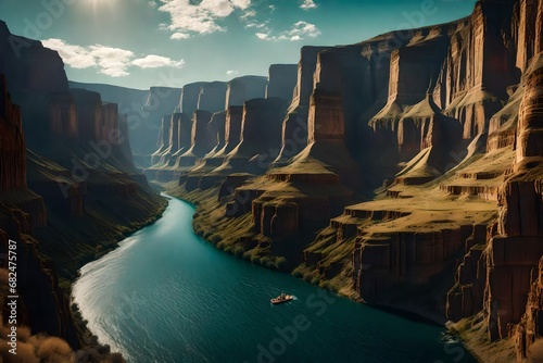 A surreal canyon landscape with towering cliffs and a winding river