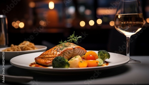 Salmon steak with asparagus and vegetables on a black plate,