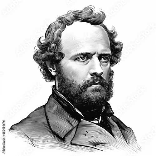 Black and white vintage engraving, headshot portrait of Samuel Colt, the famous American inventor and industrialist, white background, greyscale - Generative AI