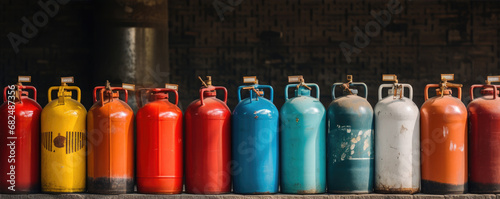 gas bottles in row at diverse colors. Lpg or Propane tanks filled with gass.