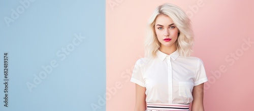 The young woman looked stunning in her cute, striped midi skirt, perfectly embodying the essence of summer fashion with her white hair and beautiful portrait.