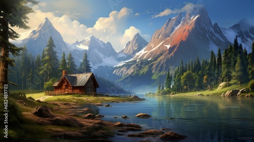 an image of a mountain lake with a rustic log cabin
