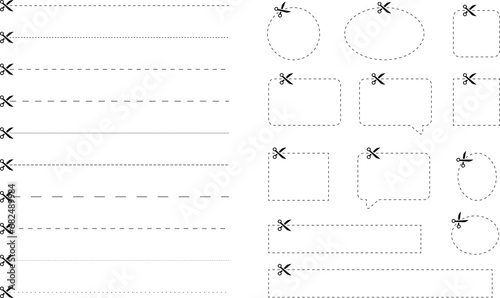  Scissors and coupon set, cut template with dashed line. Black icons. Gift Coupon template. Voucher promo code. Vector illustration.