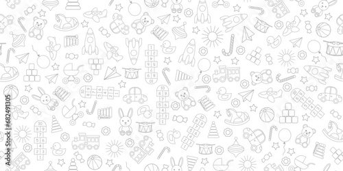 Preschool kindergarten doodle line seamless pattern. Cute daycare hand drawn elements.
