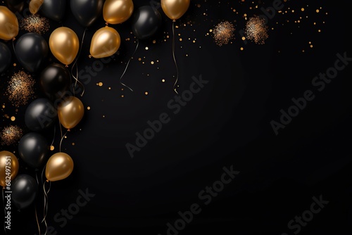 Confetti and balloons on a black background with text space, Generative AI