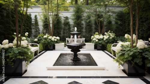 garden with a modern twist on a classic design, featuring a symmetrical layout,
