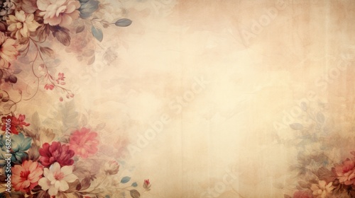 vintage paper with flowers on the side/margins, with room for copy and a light background in a Horizontal format, in a Floral art paper-themed, photorealistic illustration in JPG.