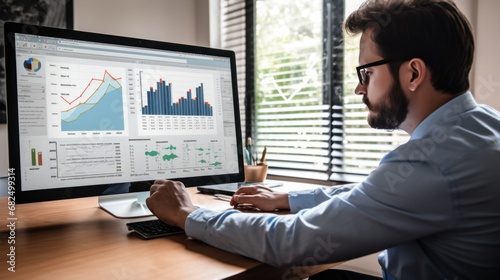 person sitting at a desk, looking at a computer screen with multiple charts and data visualizations