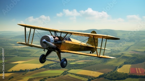 A vintage biplane flying over a rural landscape, with green fields and blue skies in the background