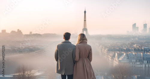Young romantic couple embracing in Paris city - Paris Skyline in the early morning winter fog - blond woman, dark haired man - winter wear