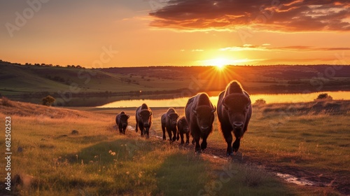 Bison herd with calves at sunrise at Fort Niobrara National Wildlife Refuge in Valentine, Nebraska, USA